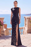 Black Sequins Asymmetrical Ruched Sheath Formal Dress with Slit