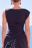 Black Sequins Asymmetrical Ruched Sheath Formal Dress with Slit
