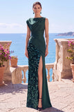 Black Sequins Asymmetrical Ruched Sheath Formal Dress with Slit