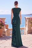 Black Sequins Asymmetrical Ruched Sheath Formal Dress with Slit