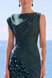 Black Sequins Asymmetrical Ruched Sheath Formal Dress with Slit