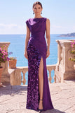 Black Sequins Asymmetrical Ruched Sheath Formal Dress with Slit