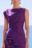 Black Sequins Asymmetrical Ruched Sheath Formal Dress with Slit