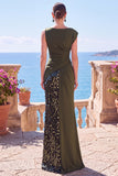 Black Sequins Asymmetrical Ruched Sheath Formal Dress with Slit