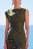 Black Sequins Asymmetrical Ruched Sheath Formal Dress with Slit