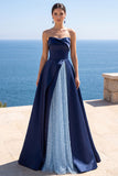 Navy Strapless Corset Pearls A-Line Long Formal Dress