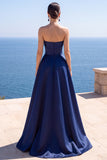 Navy Strapless Corset Pearls A-Line Long Formal Dress