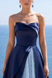 Navy Strapless Corset Pearls A-Line Long Formal Dress