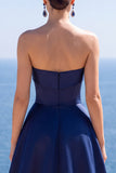 Navy Strapless Corset Pearls A-Line Long Formal Dress
