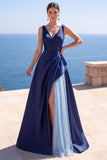 Pink A-Line Pearls Ruched V-Neck Long Formal Dress with Slit