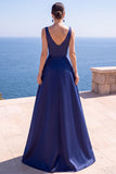Pink A-Line Pearls Ruched V-Neck Long Formal Dress with Slit