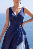 Pink A-Line Pearls Ruched V-Neck Long Formal Dress with Slit