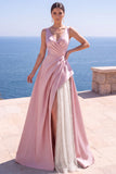 Pink A-Line Pearls Ruched V-Neck Long Formal Dress with Slit