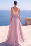 Pink A-Line Pearls Ruched V-Neck Long Formal Dress with Slit