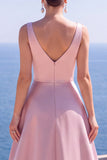 Pink A-Line Pearls Ruched V-Neck Long Formal Dress with Slit