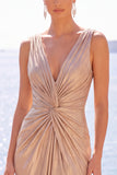 Burgundy Metallic Mermaid Ruched Long Formal Dress with Slit