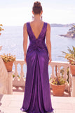Burgundy Metallic Mermaid Ruched Long Formal Dress with Slit