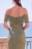 Sage Green Ruched Mermaid Off The Shoulder Long Formal Dress