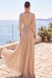 Champagne Ruched A-Line Half Sleeves Long Formal Dress