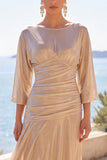 Champagne Ruched A-Line Half Sleeves Long Formal Dress