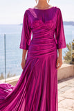 Champagne Ruched A-Line Half Sleeves Long Formal Dress
