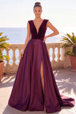Burgundy V-Neck A-Line Velvet  Long Formal Dress with Slit