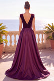 Burgundy V-Neck A-Line Velvet  Long Formal Dress with Slit