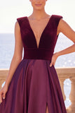 Burgundy V-Neck A-Line Velvet  Long Formal Dress with Slit