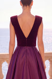 Burgundy V-Neck A-Line Velvet  Long Formal Dress with Slit
