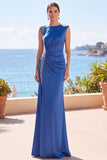 Blue Beaded Ruched Bateau Neck Sheath Long Formal Dress with Slit