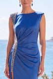 Blue Beaded Ruched Bateau Neck Sheath Long Formal Dress with Slit