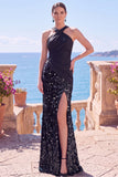 Black Halter Crossed Straps Sequins Sheath Long Formal Dress with Slit