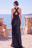 Black Halter Crossed Straps Sequins Sheath Long Formal Dress with Slit