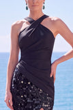 Black Halter Crossed Straps Sequins Sheath Long Formal Dress with Slit