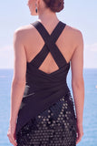 Black Halter Crossed Straps Sequins Sheath Long Formal Dress with Slit