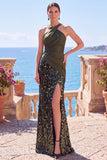 Black Halter Crossed Straps Sequins Sheath Long Formal Dress with Slit