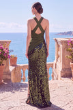Black Halter Crossed Straps Sequins Sheath Long Formal Dress with Slit
