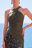 Black Halter Crossed Straps Sequins Sheath Long Formal Dress with Slit