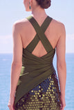Black Halter Crossed Straps Sequins Sheath Long Formal Dress with Slit
