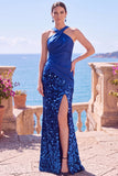 Black Halter Crossed Straps Sequins Sheath Long Formal Dress with Slit