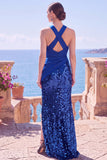 Black Halter Crossed Straps Sequins Sheath Long Formal Dress with Slit