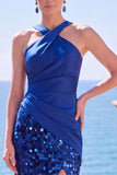 Black Halter Crossed Straps Sequins Sheath Long Formal Dress with Slit