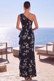 Blue One Shoulder Floral Jacquard Ruched Sheath Long Formal Dress with Slit