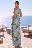 Blue One Shoulder Floral Jacquard Ruched Sheath Long Formal Dress with Slit