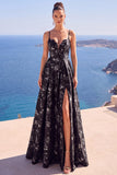 Blue A-Line Floral Printed Long Formal Dress with Slit