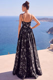Blue A-Line Floral Printed Long Formal Dress with Slit