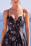 Blue A-Line Floral Printed Long Formal Dress with Slit