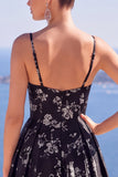 Blue A-Line Floral Printed Long Formal Dress with Slit