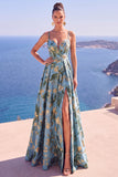 Blue A-Line Floral Printed Long Formal Dress with Slit