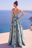 Blue A-Line Floral Printed Long Formal Dress with Slit